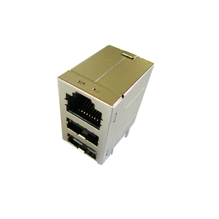 屏蔽带灯RJ45+USB2.0座多端口网络连接器