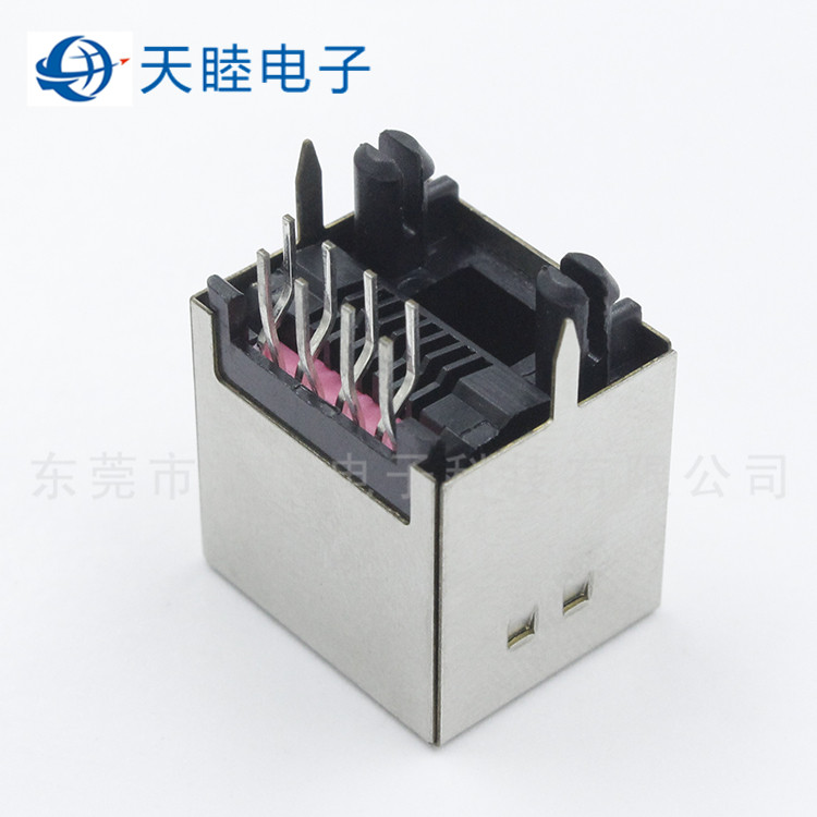 带内扣屏蔽铜壳180度直立式RJ45网络连接器高清图