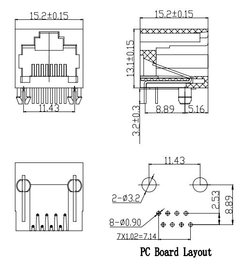 RJ45 8P8C网络连接器母座 90度直插角窗口朝上