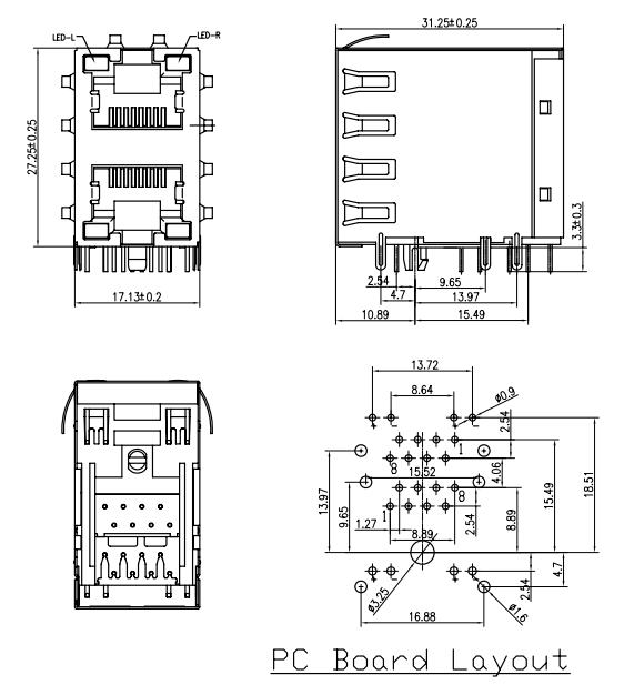 双层RJ45 8P8C连接器 双层网络母座LED灯