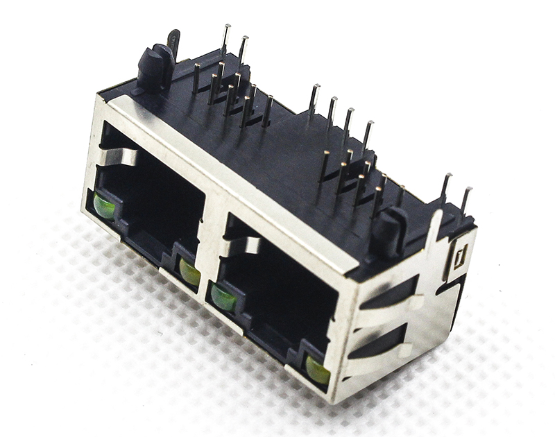8P8C RJ45双口1X2网络插座 带弹片LED灯左黄右绿